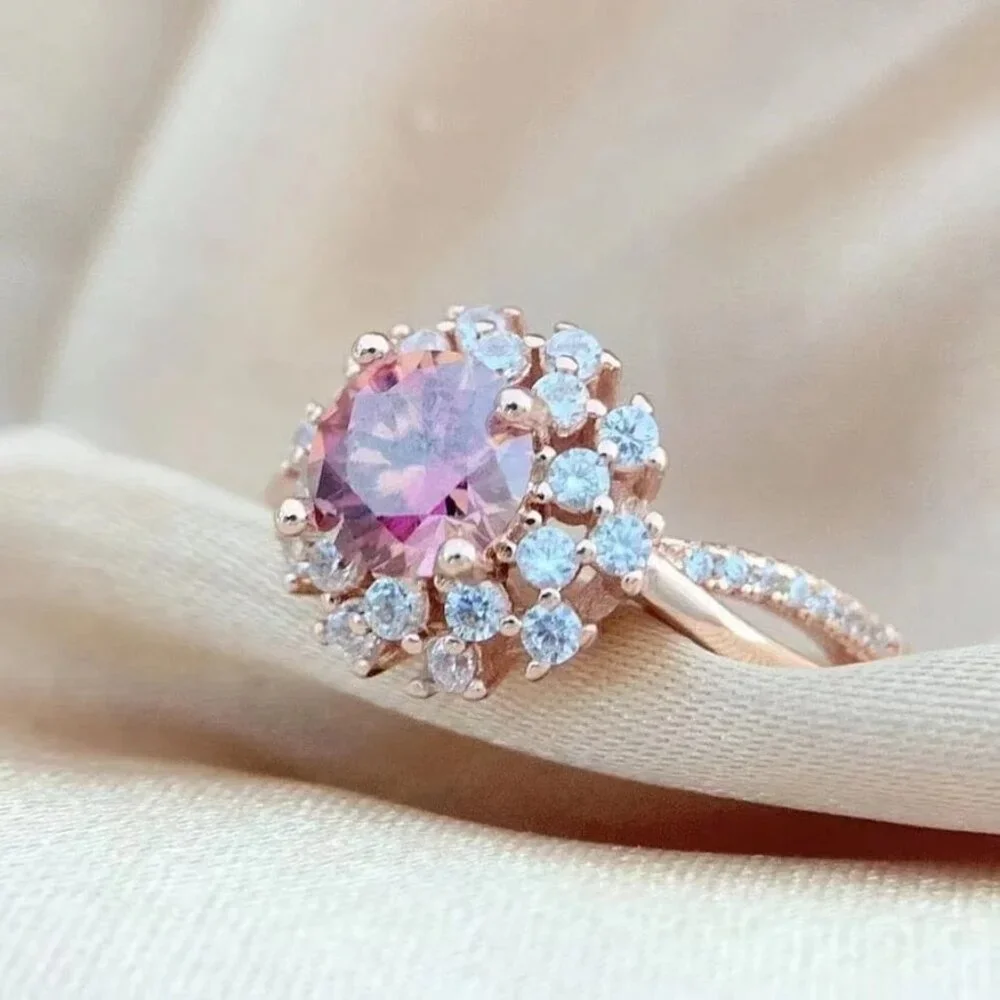 Round Cut Moissanite Halo Rose Gold Engagement Statement Anniversary Ring